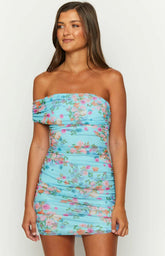 Serena Blue Floral Ruched Mesh Mini Dress