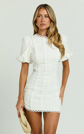 Laila Mini Linen Blend Dress - High Neck Side Cut Out Puff Sleeve Straight Dress In Off White