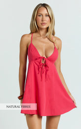 Zora Mini Dress - V Neck Bow Front Baby Doll Mini Dress In Red